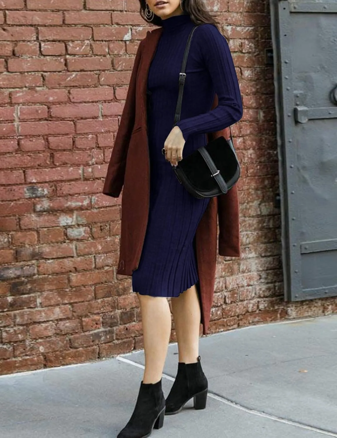 MEROKEETY Women's 2025 Ribbed Long Sleeve Sweater Dress High Neck Slim Fit Knitted Midi Dress