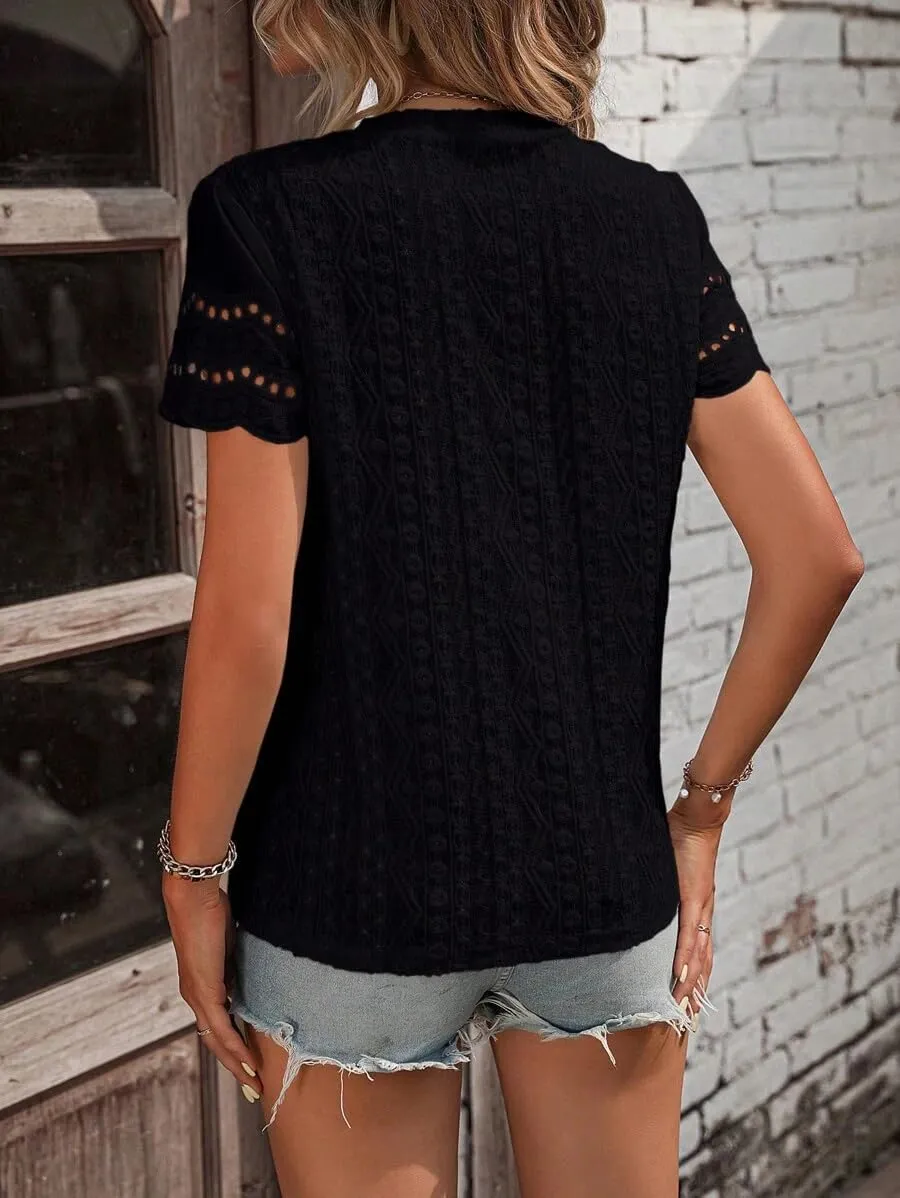 Narecte Womens Shirts,Summer Tops,Eyelet Embroidery T Shirts,Women Blouses Dressy Casual,Short Sleeve Scallop Trim Tee