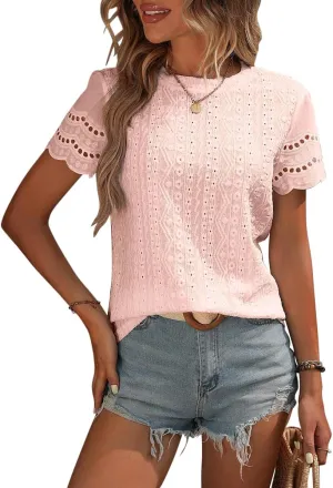 Narecte Womens Shirts,Summer Tops,Eyelet Embroidery T Shirts,Women Blouses Dressy Casual,Short Sleeve Scallop Trim Tee