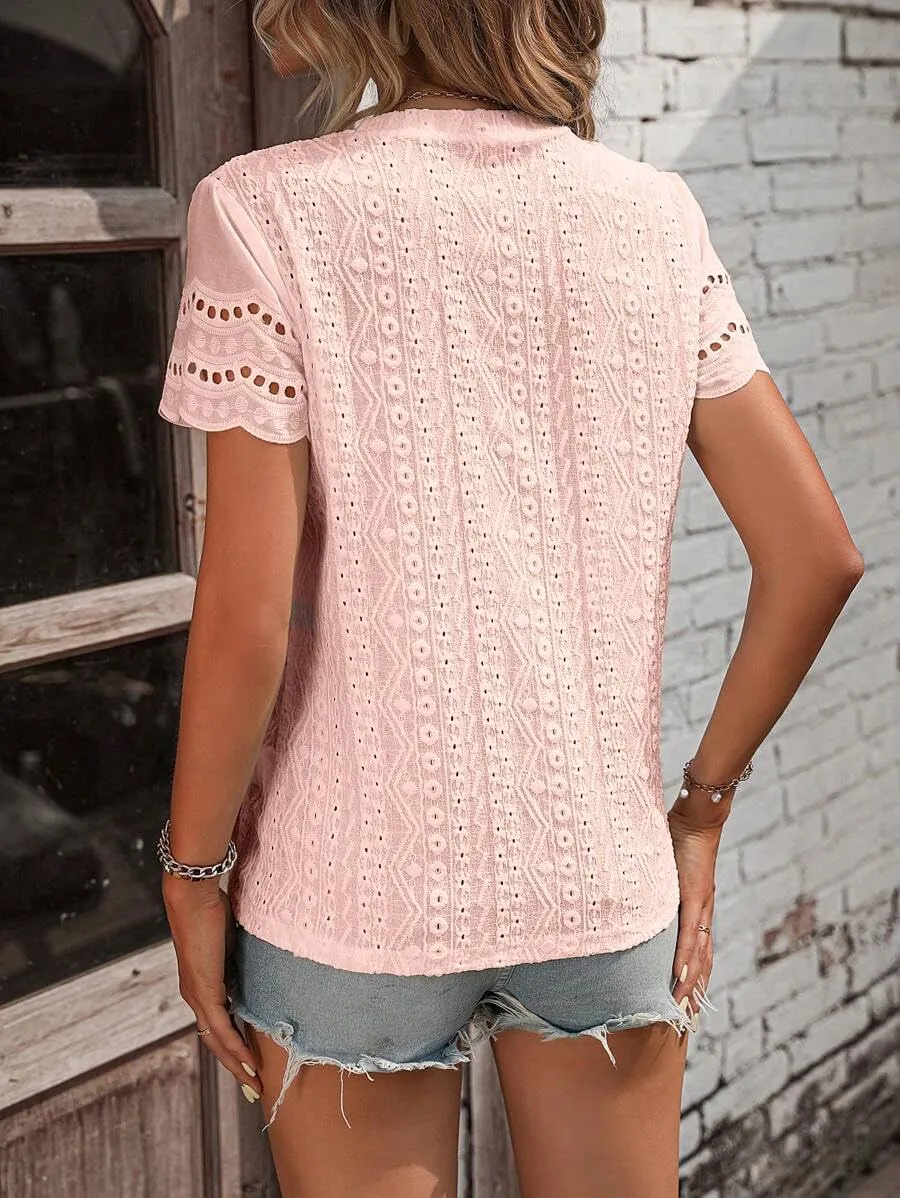 Narecte Womens Shirts,Summer Tops,Eyelet Embroidery T Shirts,Women Blouses Dressy Casual,Short Sleeve Scallop Trim Tee