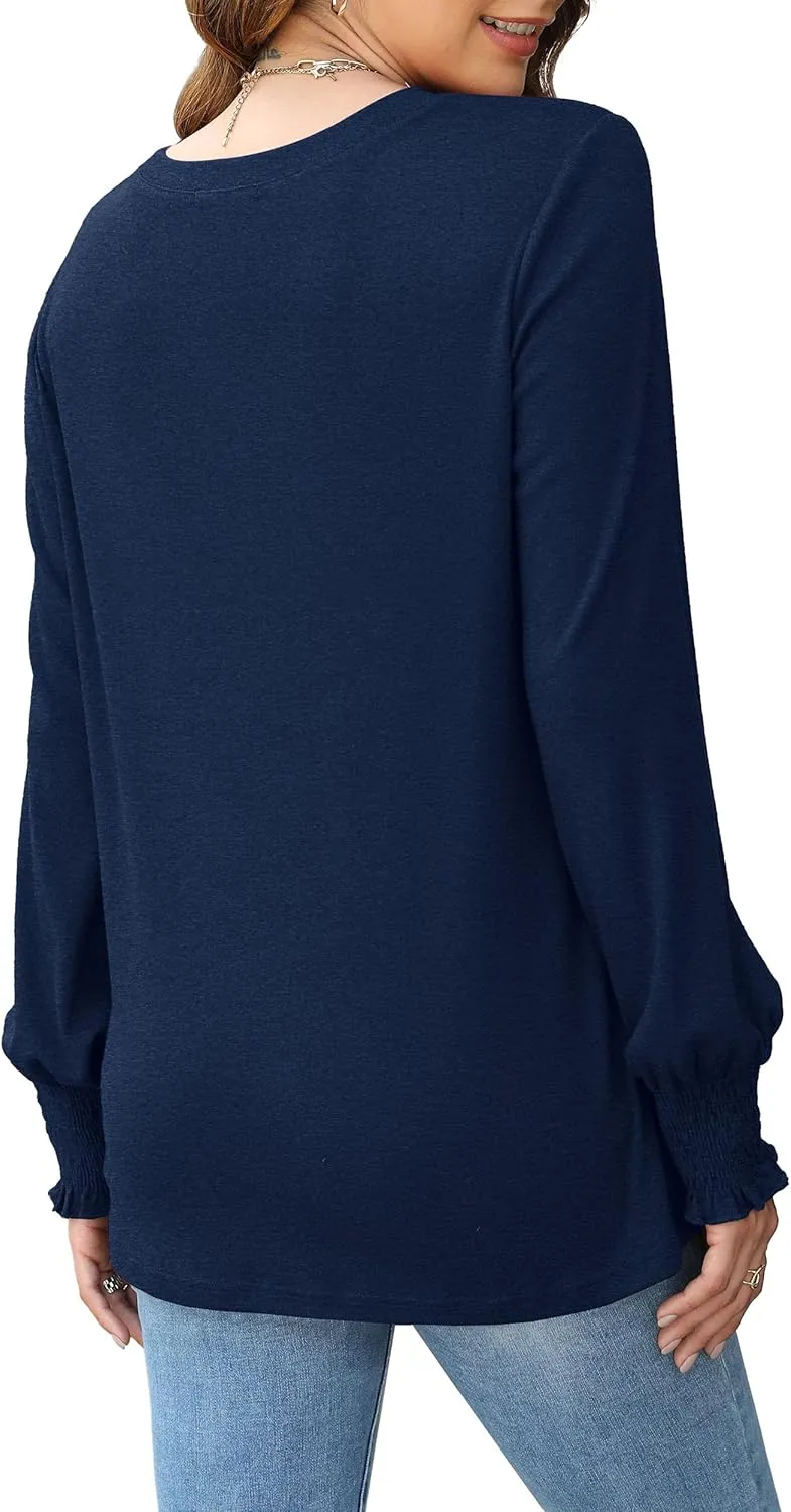 OFEEFAN Women's Tunic Tops Ruffle Sleeve Shirts Pleated Front Blouses Fall Travel Outfits S-3XL