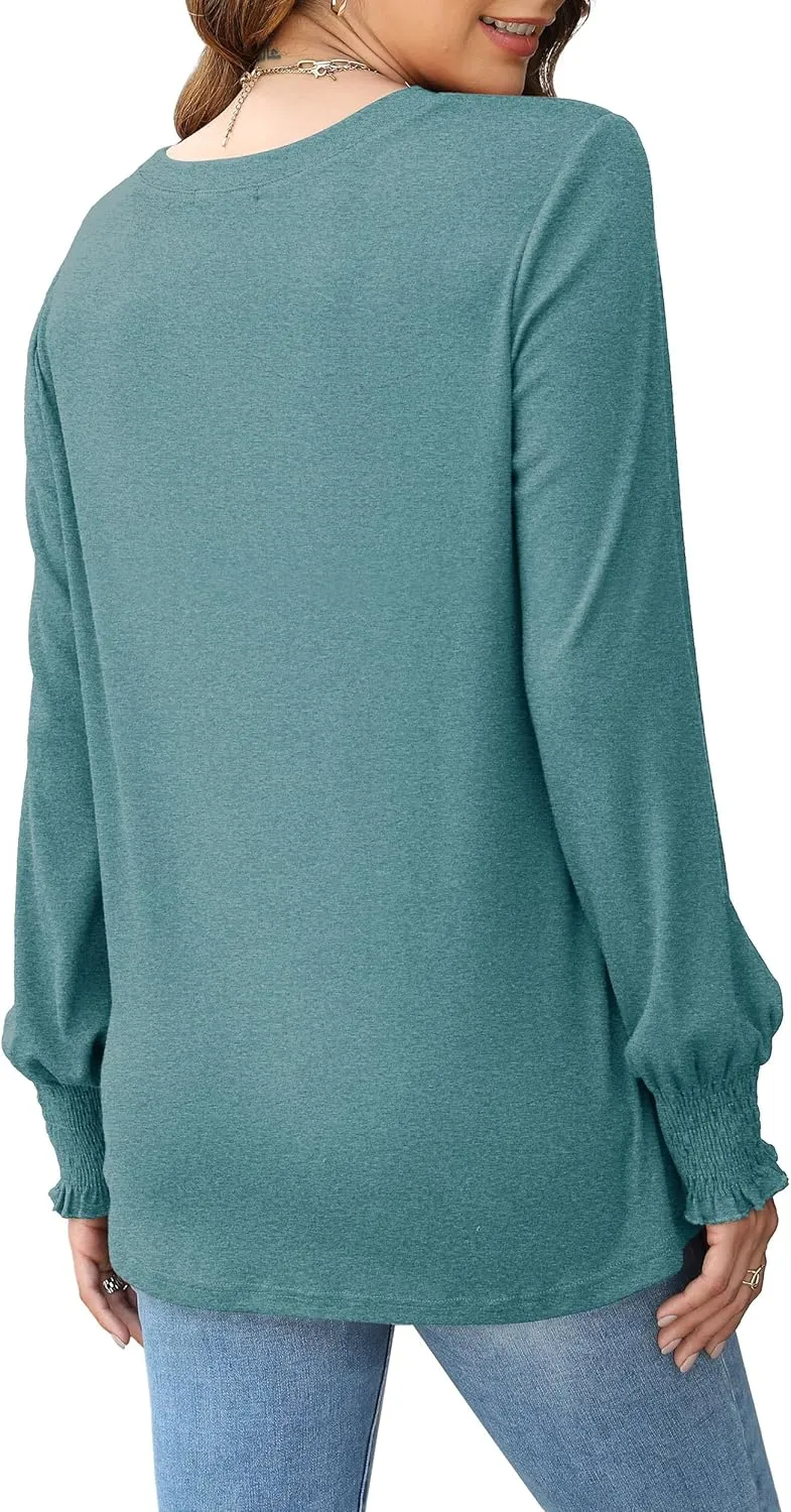 OFEEFAN Women's Tunic Tops Ruffle Sleeve Shirts Pleated Front Blouses Fall Travel Outfits S-3XL