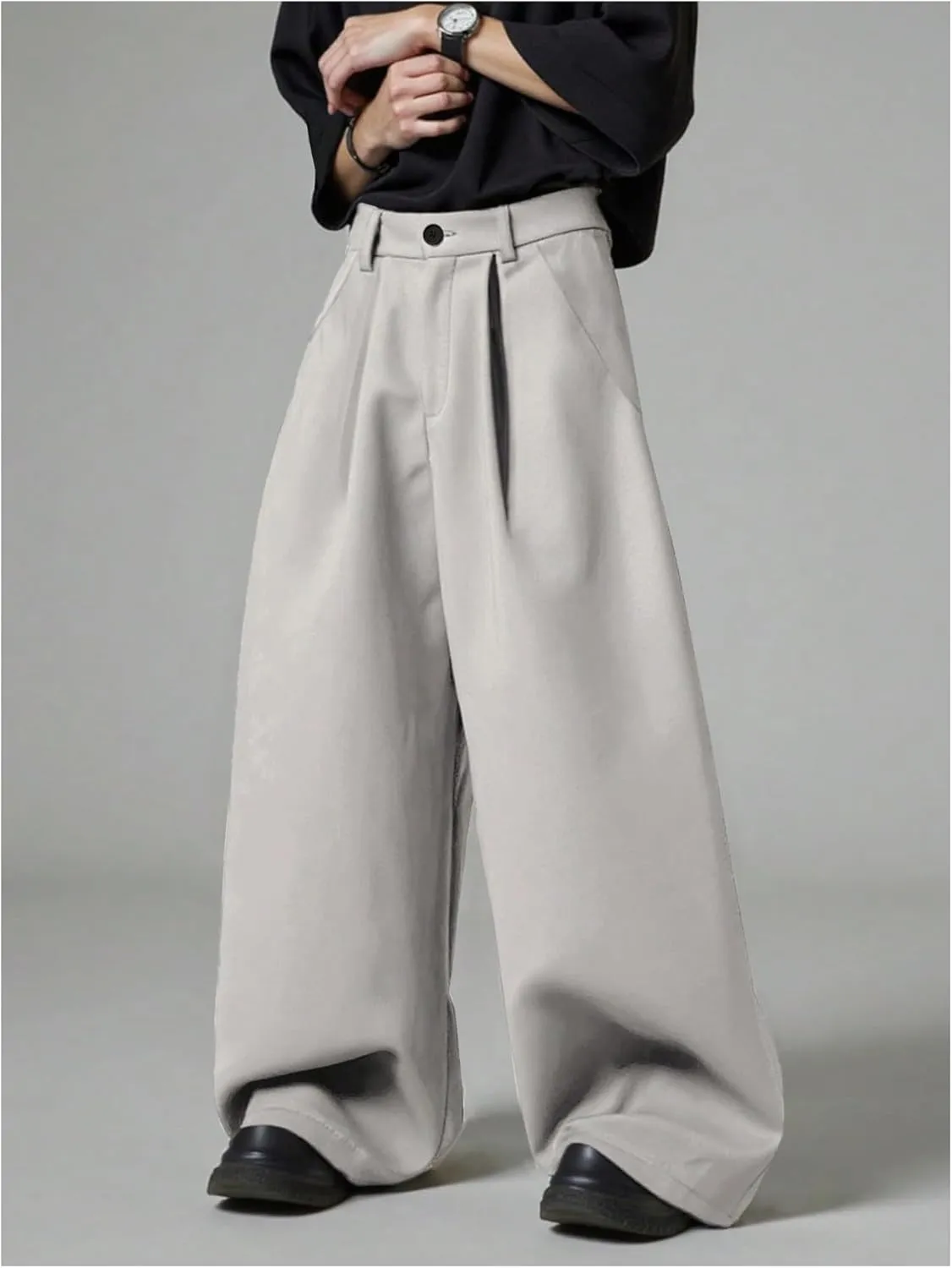OYOANGLE Men's Baggy Wide Leg Pants Zipper Fly Pleated Work Casual Long Trousers with Pocket