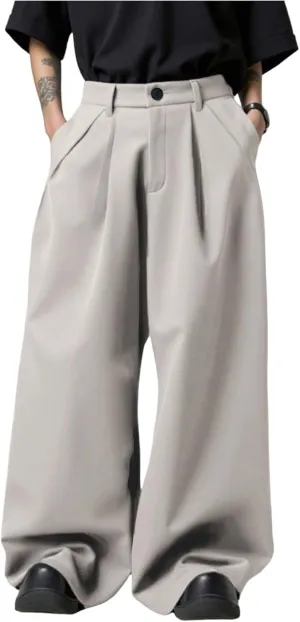 OYOANGLE Men's Baggy Wide Leg Pants Zipper Fly Pleated Work Casual Long Trousers with Pocket