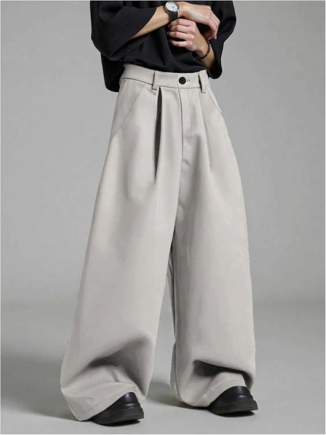 OYOANGLE Men's Baggy Wide Leg Pants Zipper Fly Pleated Work Casual Long Trousers with Pocket