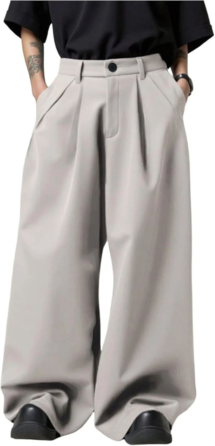 OYOANGLE Men's Baggy Wide Leg Pants Zipper Fly Pleated Work Casual Long Trousers with Pocket