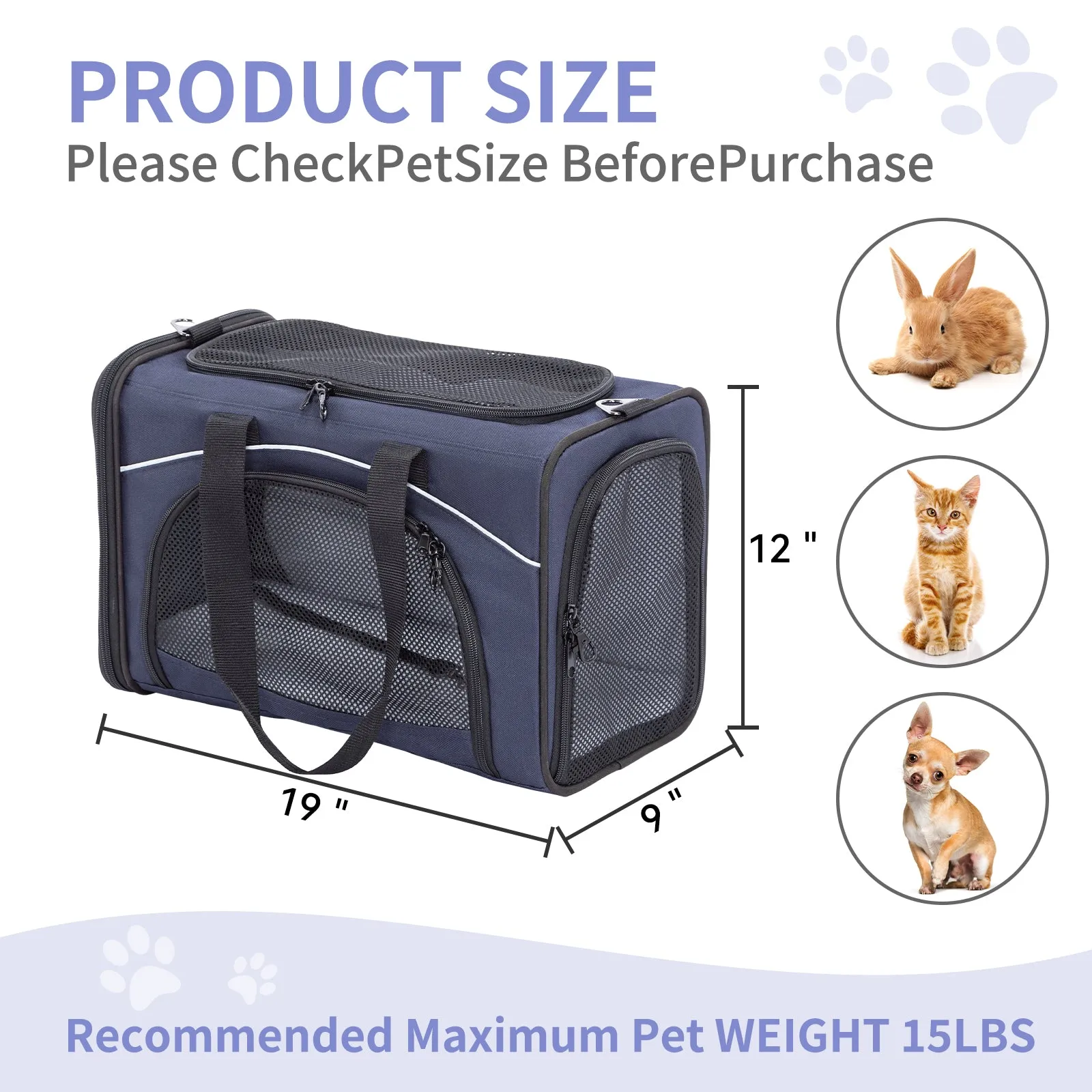 PETSFIT Two-Way Placement Dog Carrier Airline Approved Small Animals Carriers for Kittens