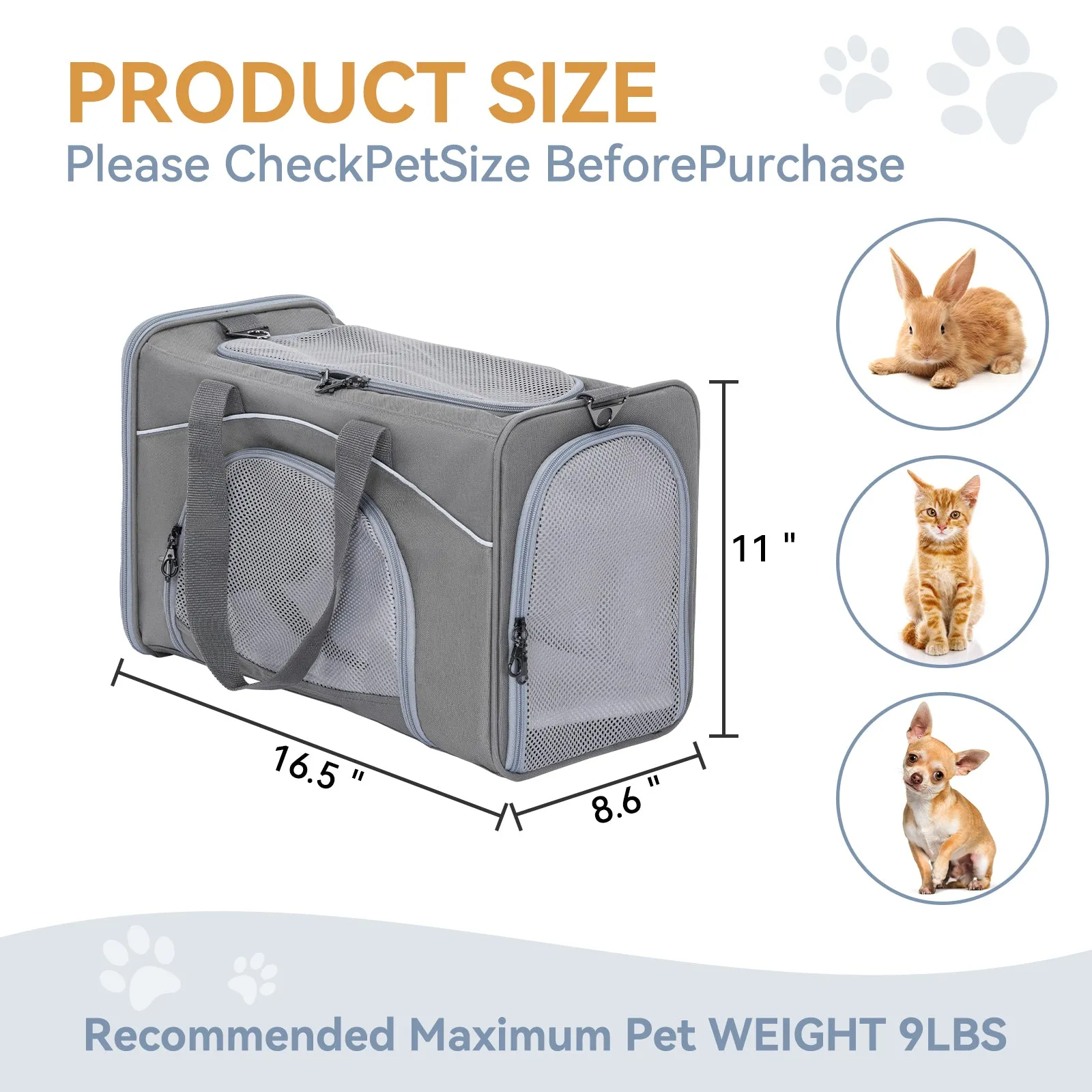 PETSFIT Two-Way Placement Dog Carrier Airline Approved Small Animals Carriers for Kittens