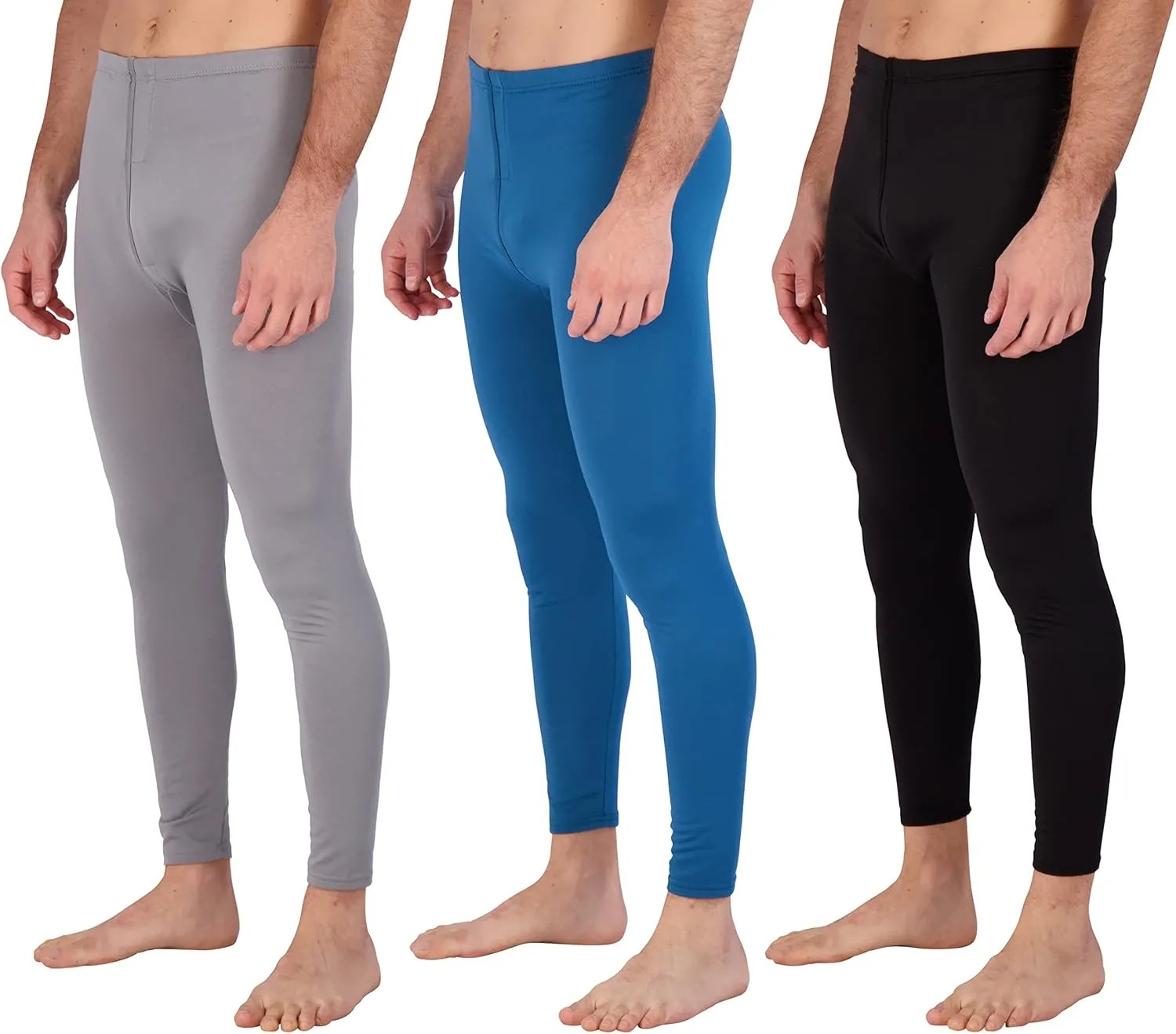 Real Essentials 3 Pack: Men's Thermal Underwear Base Layer Fleece Lined Pants with Fly - Long John Bottom(Big & Tall)