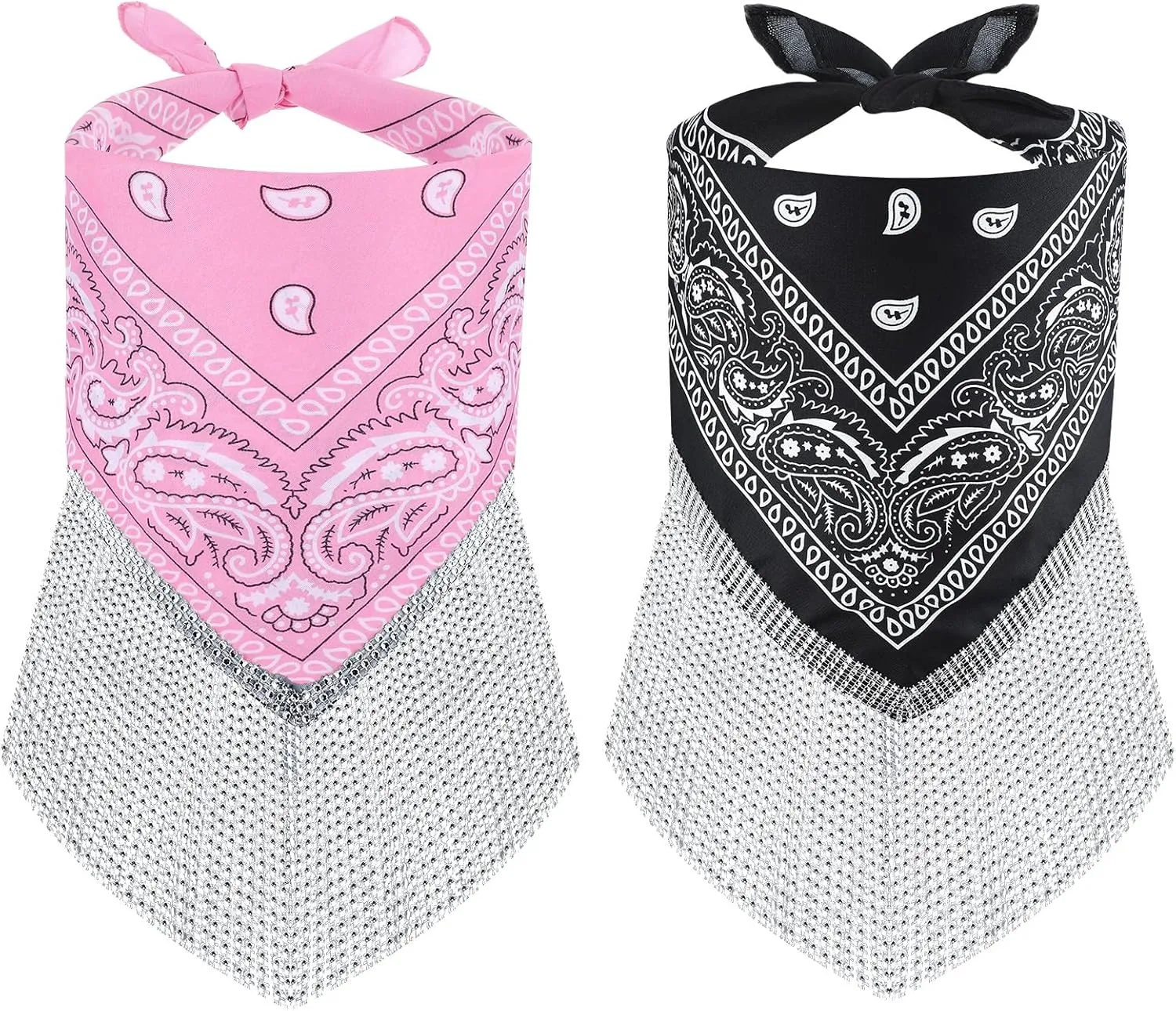 Rhinestone Bandana, 2Pcs Disco Cowgirl Western Bachelorette Bandanas with Rhinestone Fringe for Women Girls Men Sparkly Fringed Black & Pink