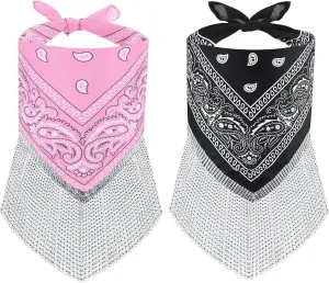 Rhinestone Bandana, 2Pcs Disco Cowgirl Western Bachelorette Bandanas with Rhinestone Fringe for Women Girls Men Sparkly Fringed Black & Pink