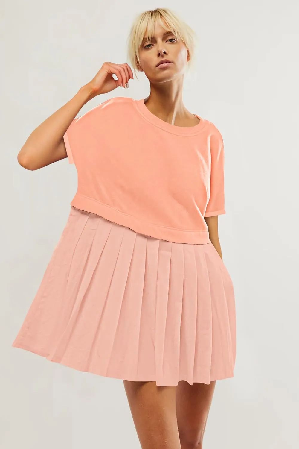SAUKOLE Womens Summer Crew Neck Short Sleeve Dress Patchwork Pleated A Line Beach Boho Mini Dress