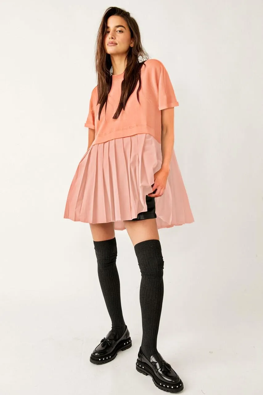 SAUKOLE Womens Summer Crew Neck Short Sleeve Dress Patchwork Pleated A Line Beach Boho Mini Dress