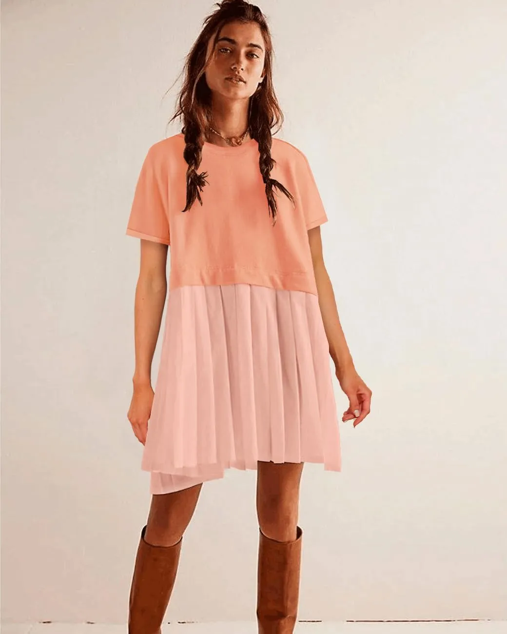 SAUKOLE Womens Summer Crew Neck Short Sleeve Dress Patchwork Pleated A Line Beach Boho Mini Dress