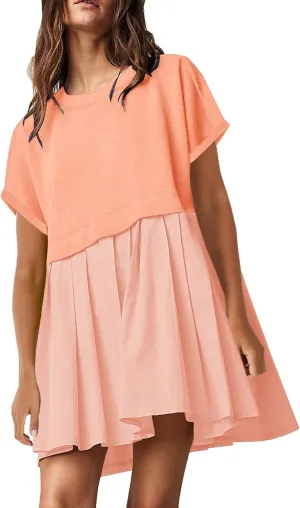 SAUKOLE Womens Summer Crew Neck Short Sleeve Dress Patchwork Pleated A Line Beach Boho Mini Dress