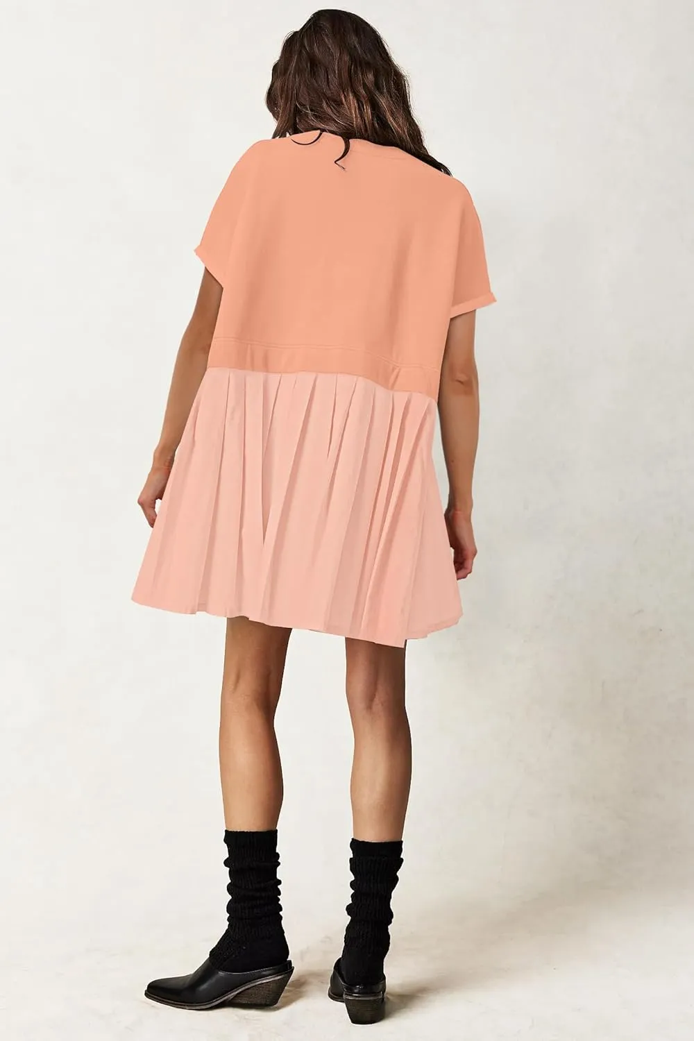 SAUKOLE Womens Summer Crew Neck Short Sleeve Dress Patchwork Pleated A Line Beach Boho Mini Dress