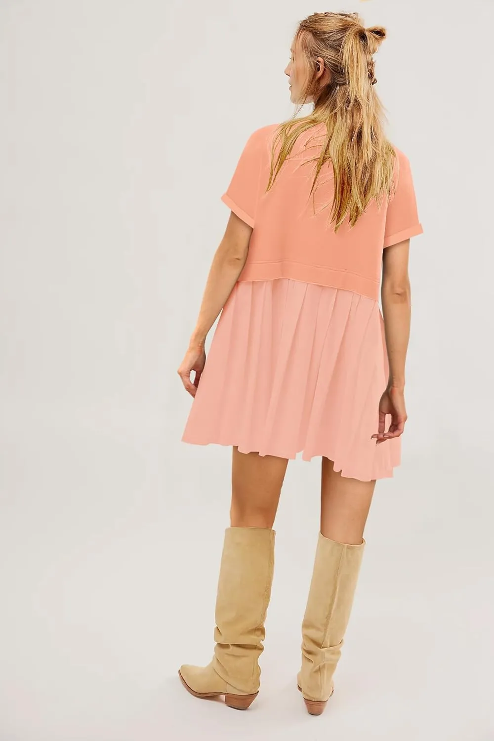 SAUKOLE Womens Summer Crew Neck Short Sleeve Dress Patchwork Pleated A Line Beach Boho Mini Dress