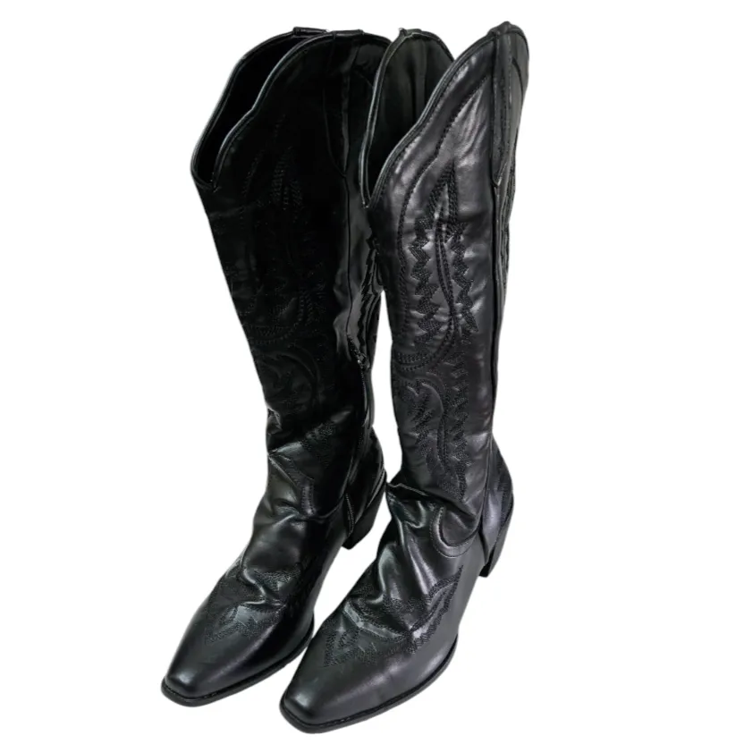 Schutz Zachy Up Black Leather Cowboy Boots 'Akevon' Embroidery (sz/10M)