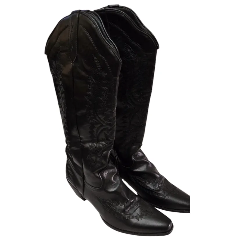 Schutz Zachy Up Black Leather Cowboy Boots 'Akevon' Embroidery (sz/10M)