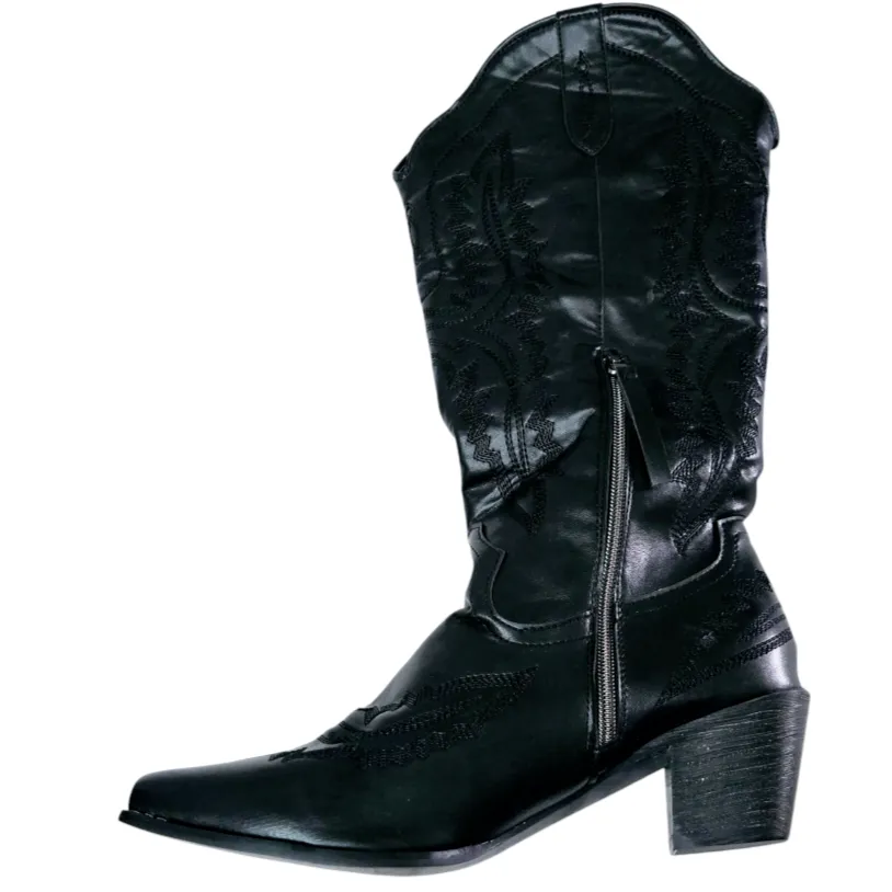 Schutz Zachy Up Black Leather Cowboy Boots 'Akevon' Embroidery (sz/10M)