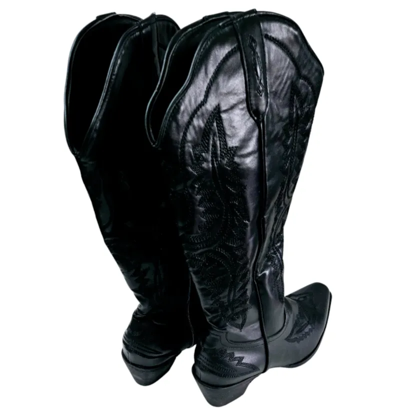 Schutz Zachy Up Black Leather Cowboy Boots 'Akevon' Embroidery (sz/10M)