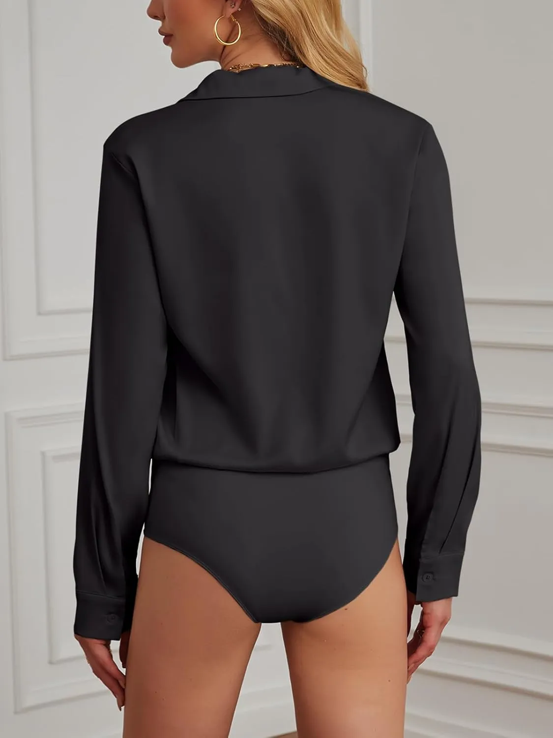 Sexyasasii Button Down Bodysuits for Women Long Sleeve Collared Shirt Solid Office Work Business Casual Satin Blouse Tops