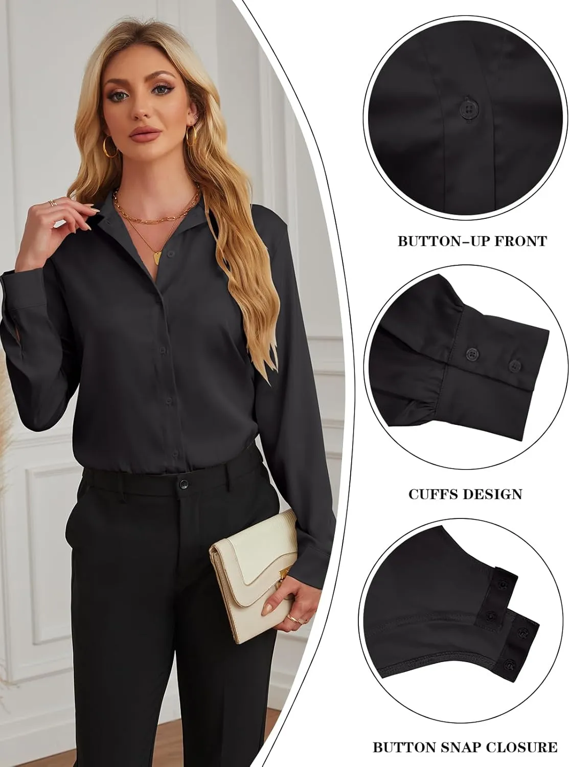 Sexyasasii Button Down Bodysuits for Women Long Sleeve Collared Shirt Solid Office Work Business Casual Satin Blouse Tops