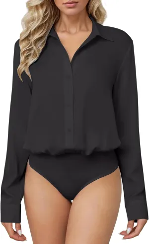 Sexyasasii Button Down Bodysuits for Women Long Sleeve Collared Shirt Solid Office Work Business Casual Satin Blouse Tops