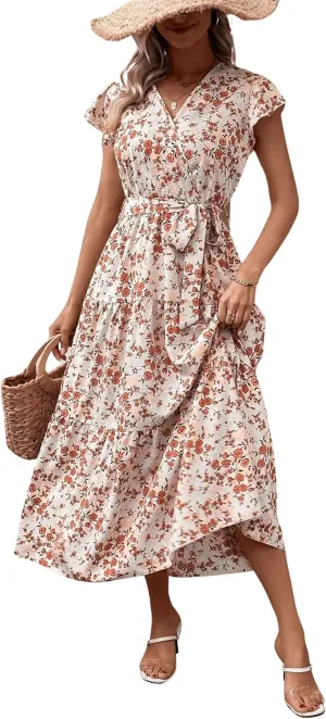 SweatyRocks Women's Short Sleeve V Neck Wrap Dress Floral Print A Line Ruffle Hem Belted Long Dress