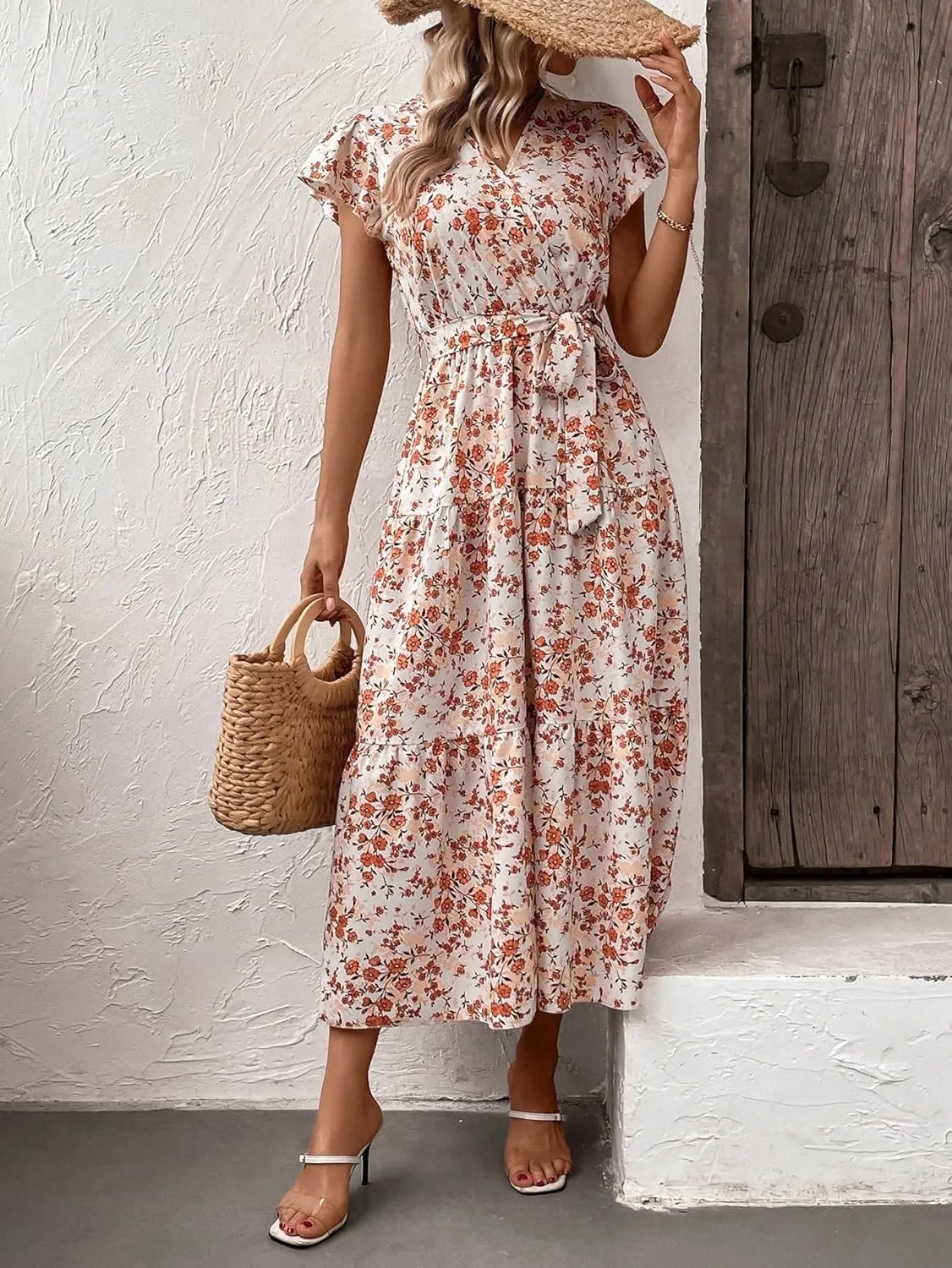 SweatyRocks Women's Short Sleeve V Neck Wrap Dress Floral Print A Line Ruffle Hem Belted Long Dress