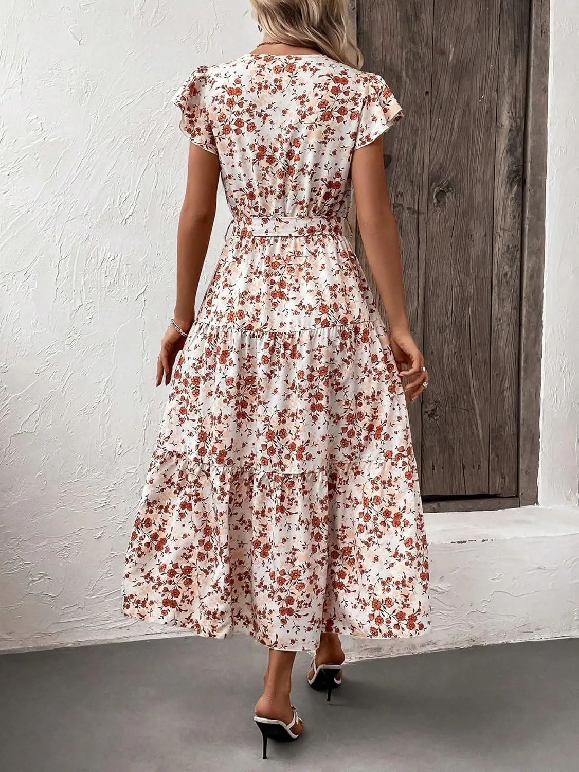 SweatyRocks Women's Short Sleeve V Neck Wrap Dress Floral Print A Line Ruffle Hem Belted Long Dress