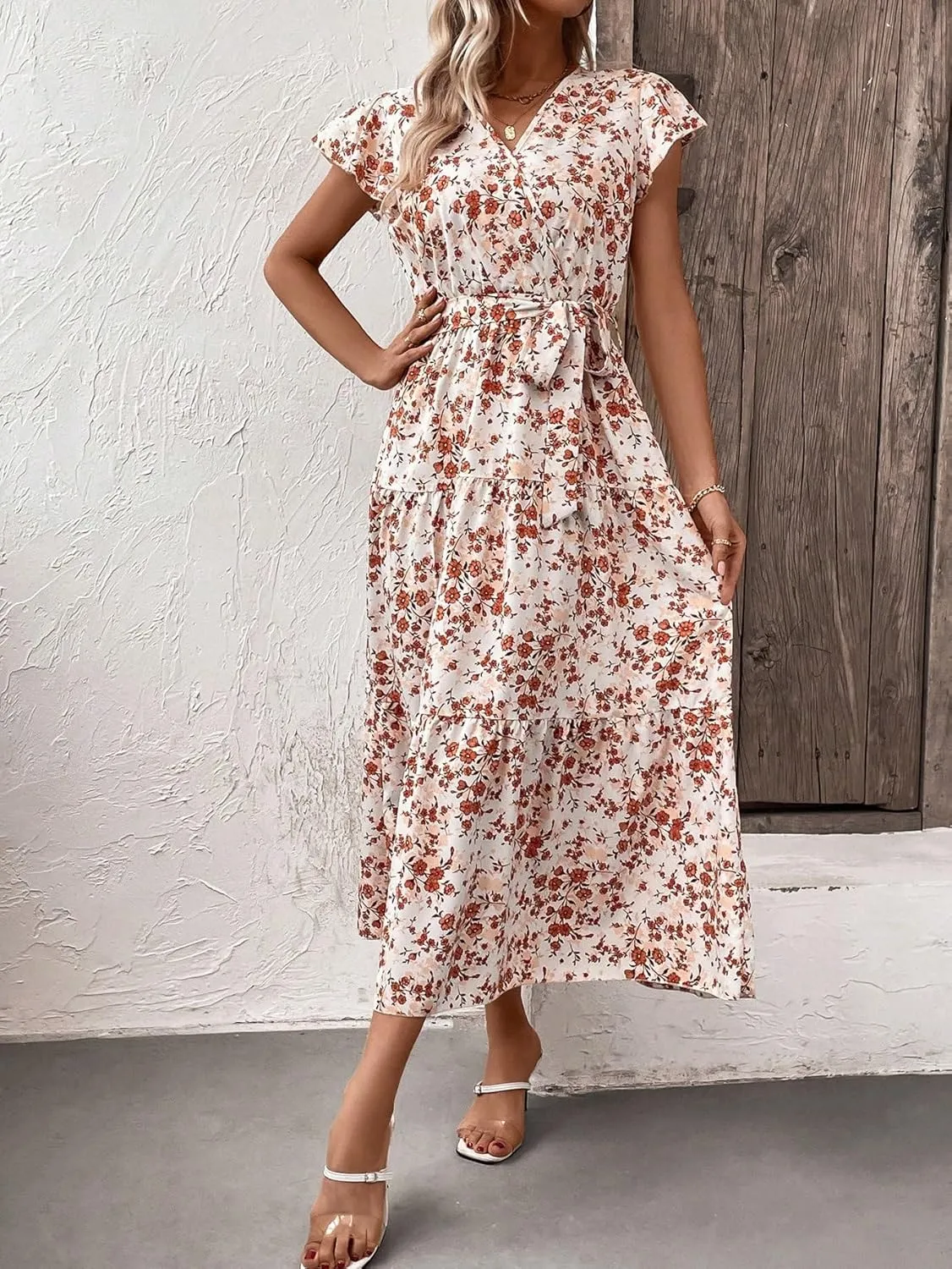 SweatyRocks Women's Short Sleeve V Neck Wrap Dress Floral Print A Line Ruffle Hem Belted Long Dress