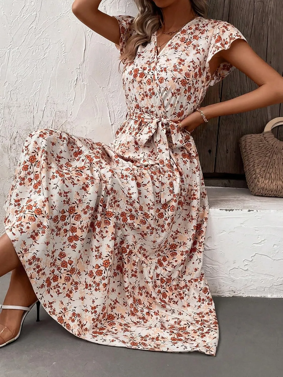 SweatyRocks Women's Short Sleeve V Neck Wrap Dress Floral Print A Line Ruffle Hem Belted Long Dress