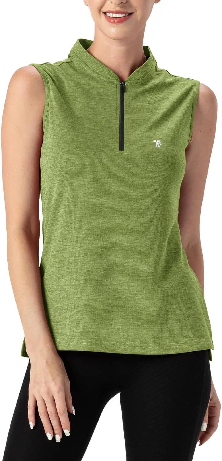 TBMPOY Women's Sleeveless Golf Polo Shirts UPF 50  Tennis Tank Tops Quick Dry Zip Up