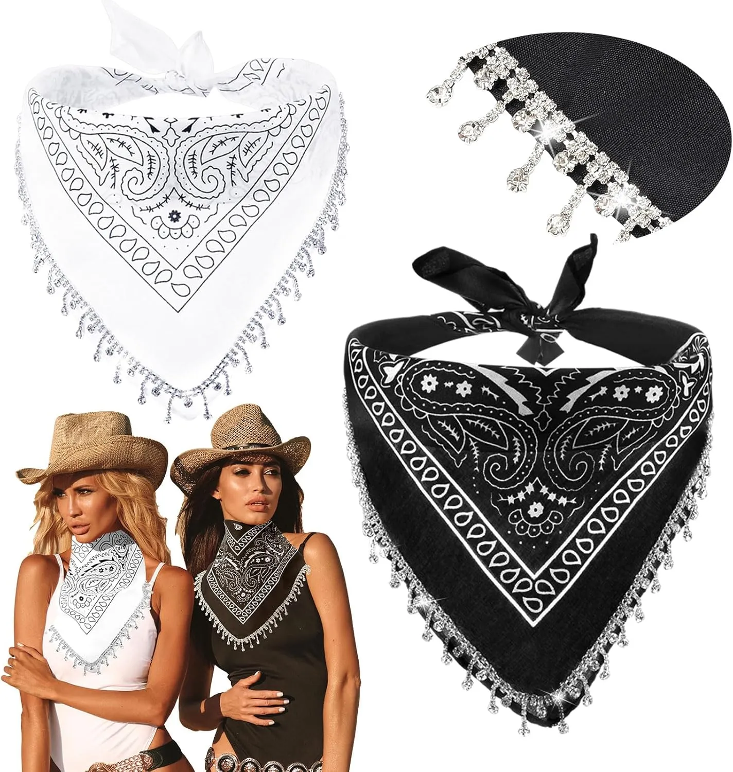 Vabean 2 Pcs Disco Rhinestone Fringed Bandana Paisley Bandanas Cowgirl Bachelorette Rhinestones Tassel Kerchief