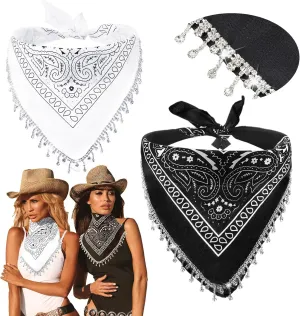 Vabean 2 Pcs Disco Rhinestone Fringed Bandana Paisley Bandanas Cowgirl Bachelorette Rhinestones Tassel Kerchief