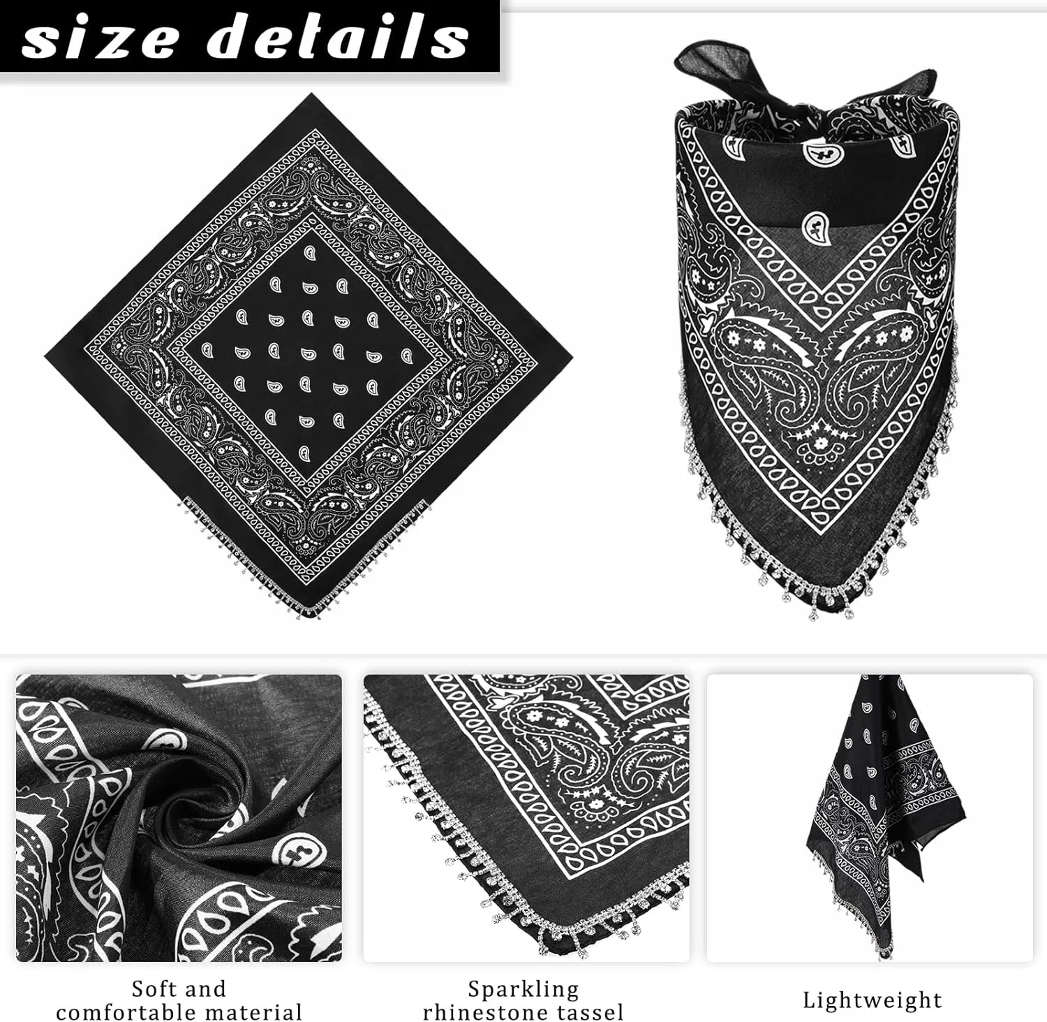 Vabean 2 Pcs Disco Rhinestone Fringed Bandana Paisley Bandanas Cowgirl Bachelorette Rhinestones Tassel Kerchief