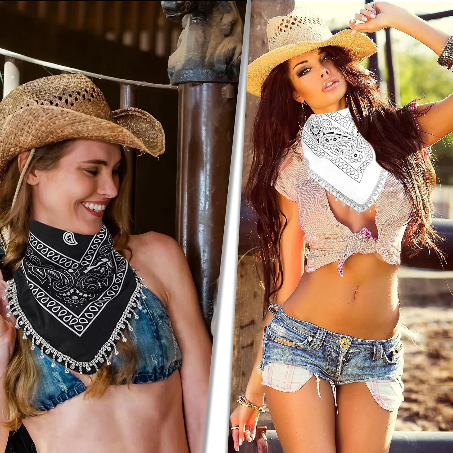 Vabean 2 Pcs Disco Rhinestone Fringed Bandana Paisley Bandanas Cowgirl Bachelorette Rhinestones Tassel Kerchief