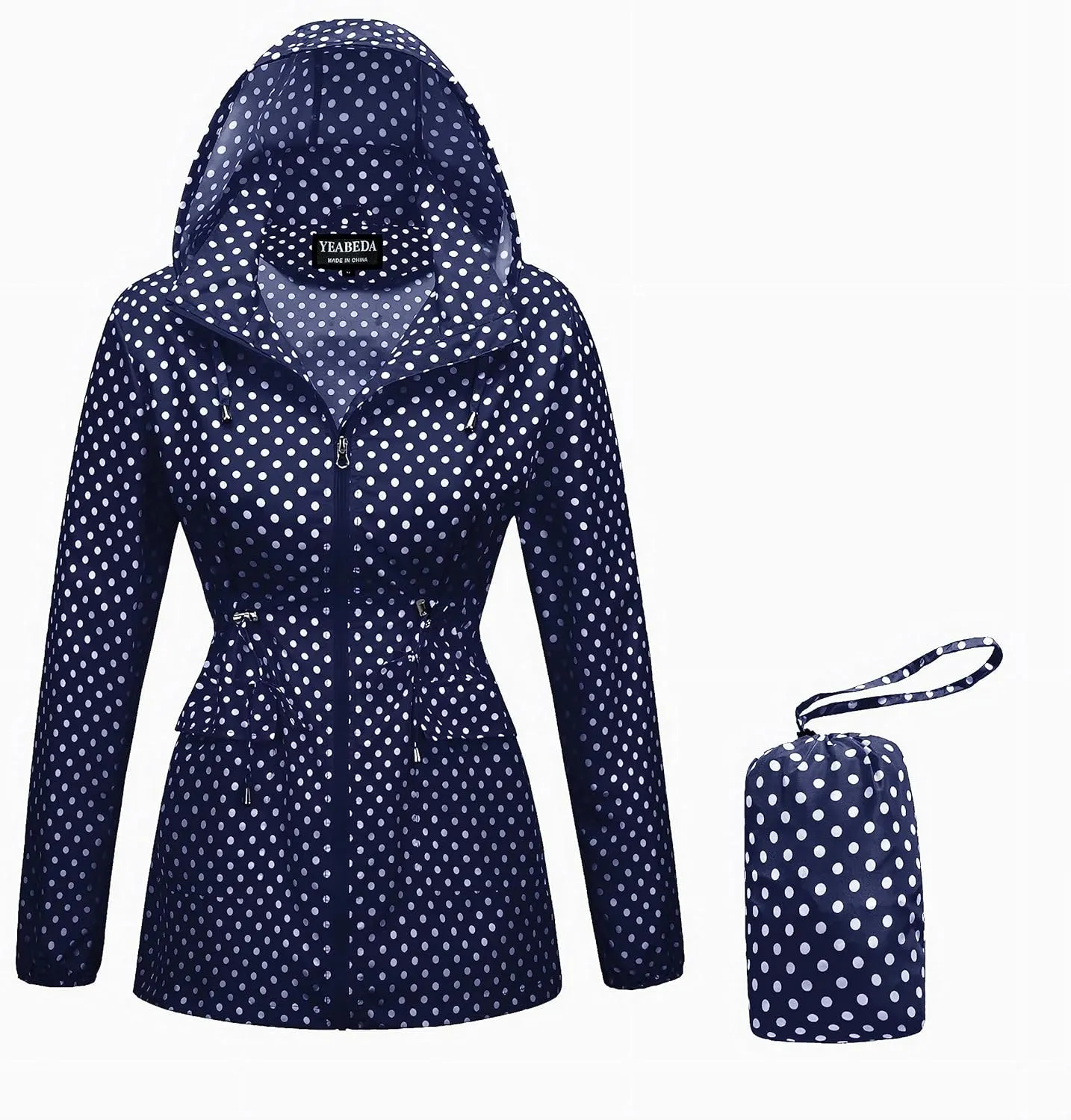 Women-Rain Jacket-Hood Waterproof-Lightweight Windbreak-Packable  Cute RainCoats Travel Polka Dot Ladies With Pouch