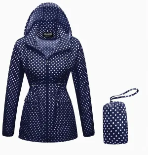 Women-Rain Jacket-Hood Waterproof-Lightweight Windbreak-Packable  Cute RainCoats Travel Polka Dot Ladies With Pouch
