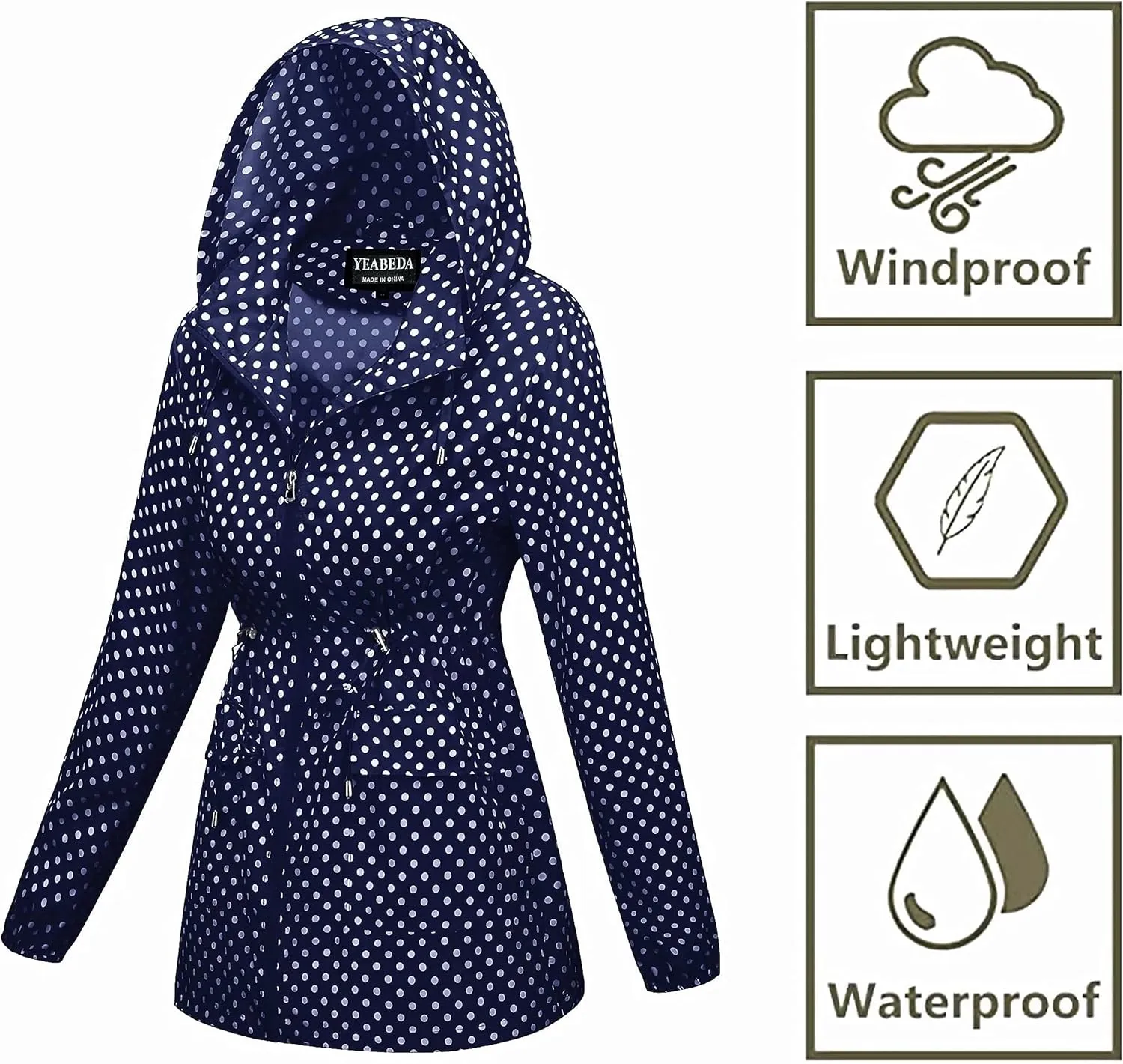 Women-Rain Jacket-Hood Waterproof-Lightweight Windbreak-Packable  Cute RainCoats Travel Polka Dot Ladies With Pouch