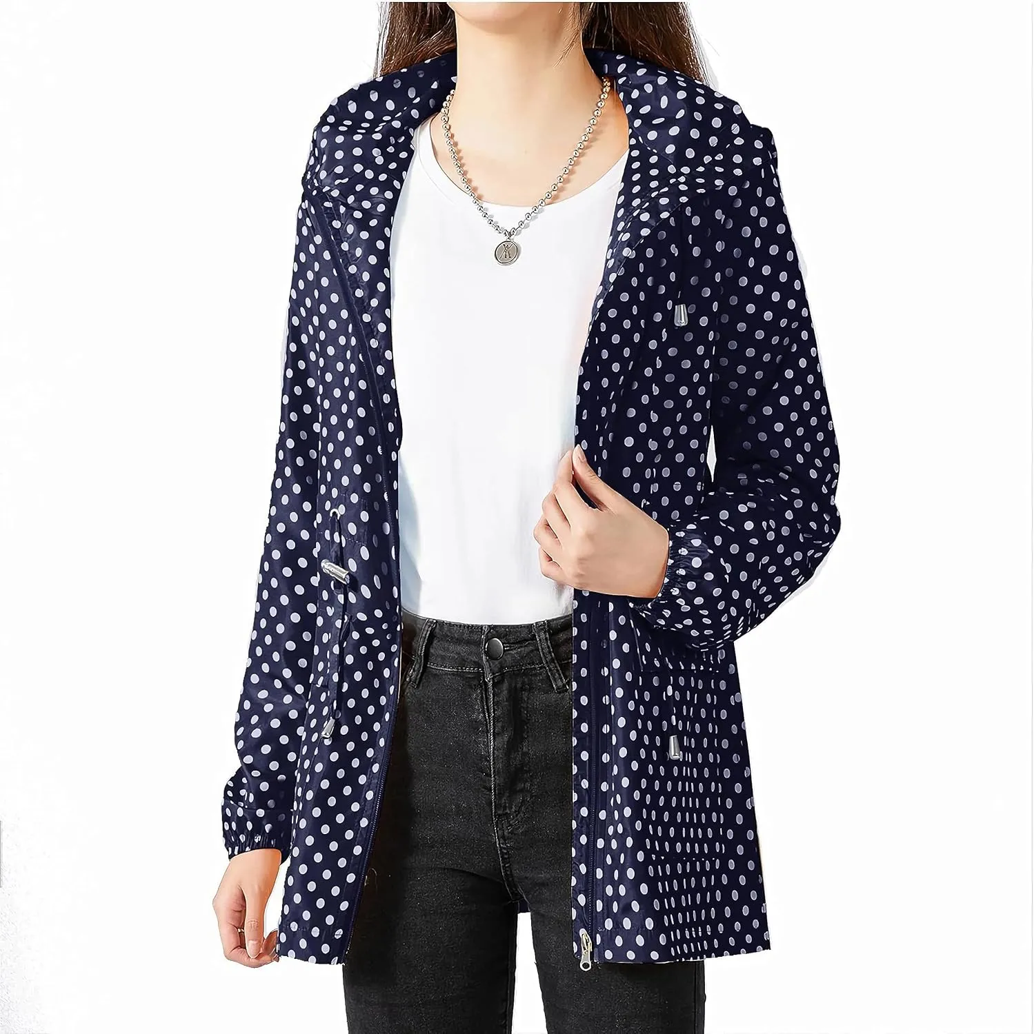 Women-Rain Jacket-Hood Waterproof-Lightweight Windbreak-Packable  Cute RainCoats Travel Polka Dot Ladies With Pouch