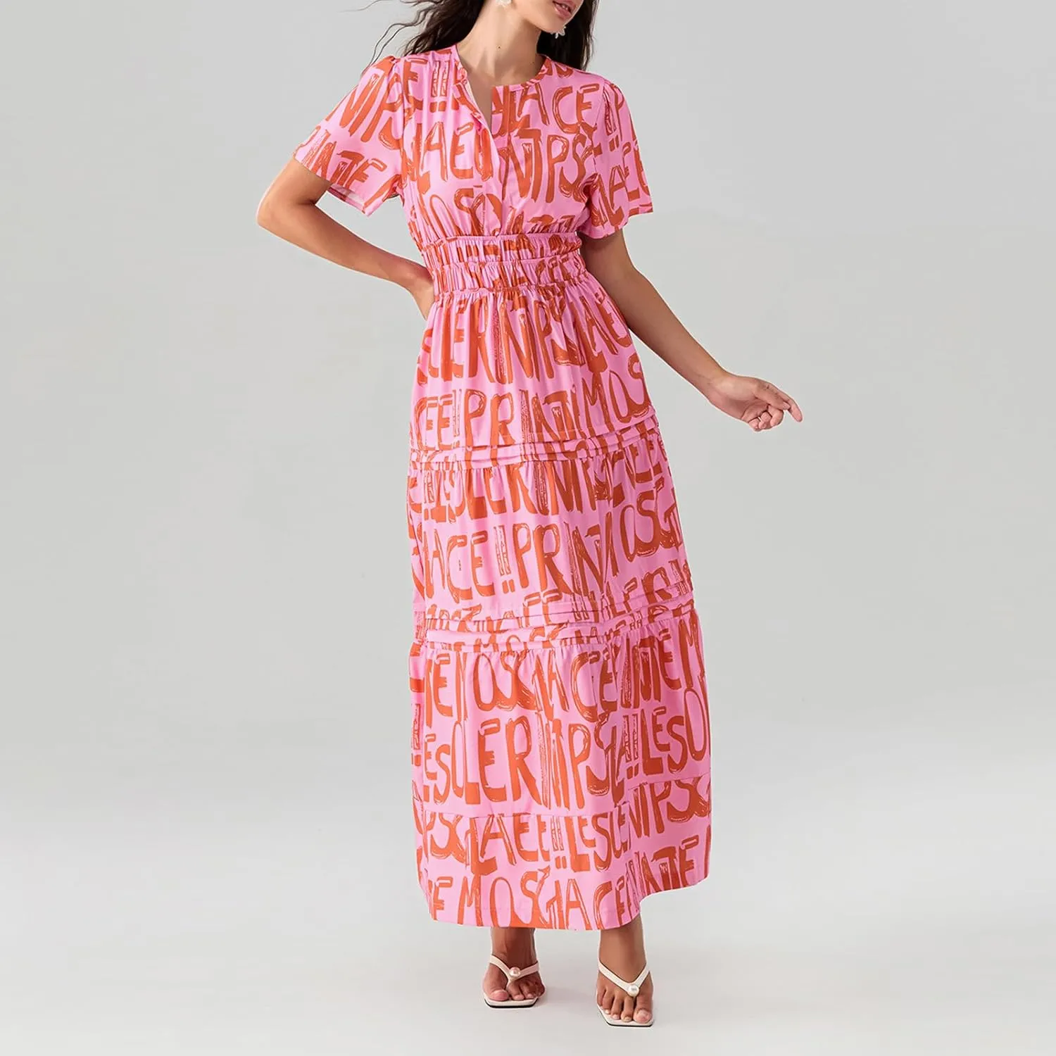 Women Summer Boho Maxi Dress Smocked Waist V-Neck Short Sleeve Tiered Flowy Dresses Beach Sundress Clubwear