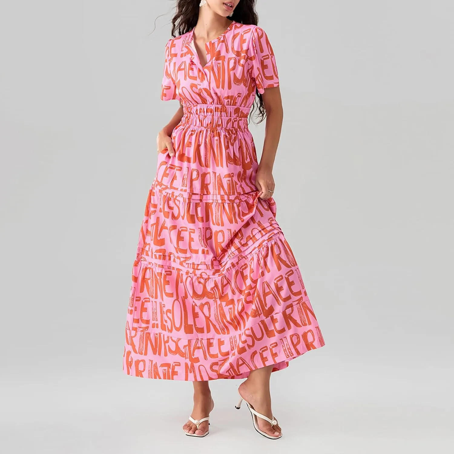 Women Summer Boho Maxi Dress Smocked Waist V-Neck Short Sleeve Tiered Flowy Dresses Beach Sundress Clubwear