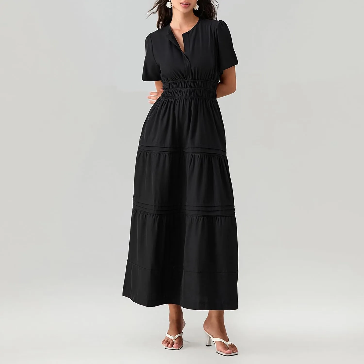 Women Summer Boho Maxi Dress Smocked Waist V-Neck Short Sleeve Tiered Flowy Dresses Beach Sundress Clubwear