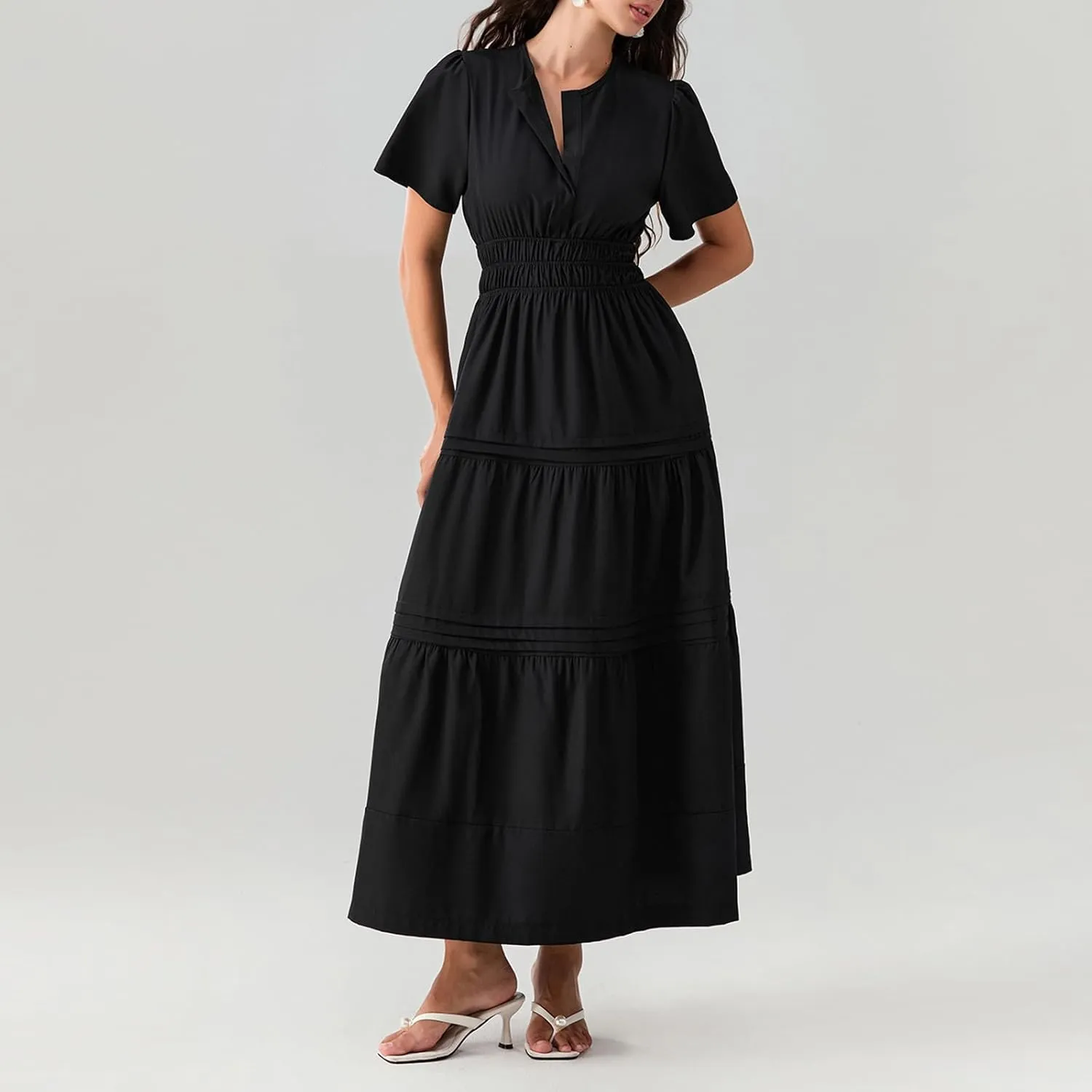 Women Summer Boho Maxi Dress Smocked Waist V-Neck Short Sleeve Tiered Flowy Dresses Beach Sundress Clubwear
