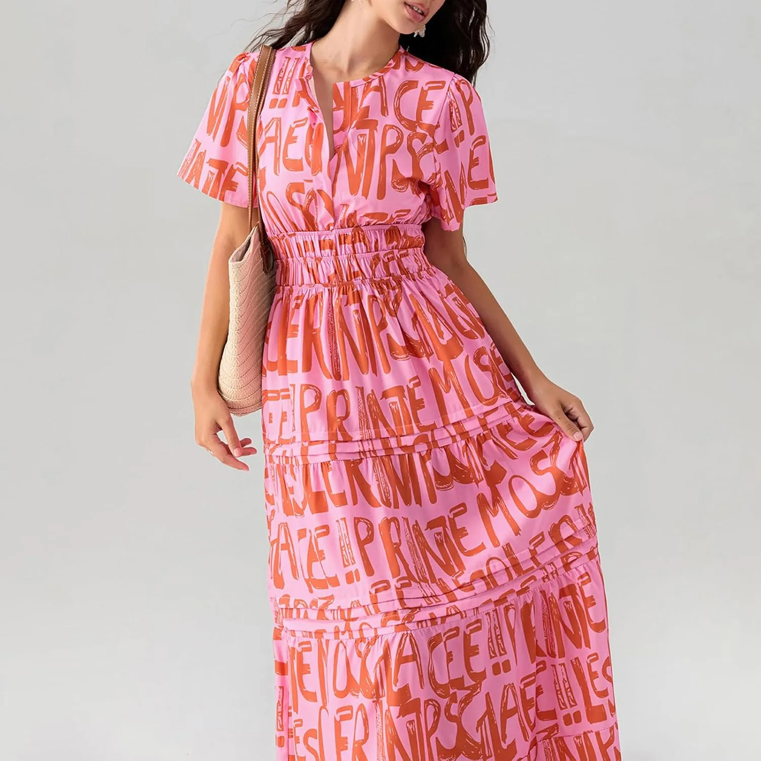 Women Summer Boho Maxi Dress Smocked Waist V-Neck Short Sleeve Tiered Flowy Dresses Beach Sundress Clubwear