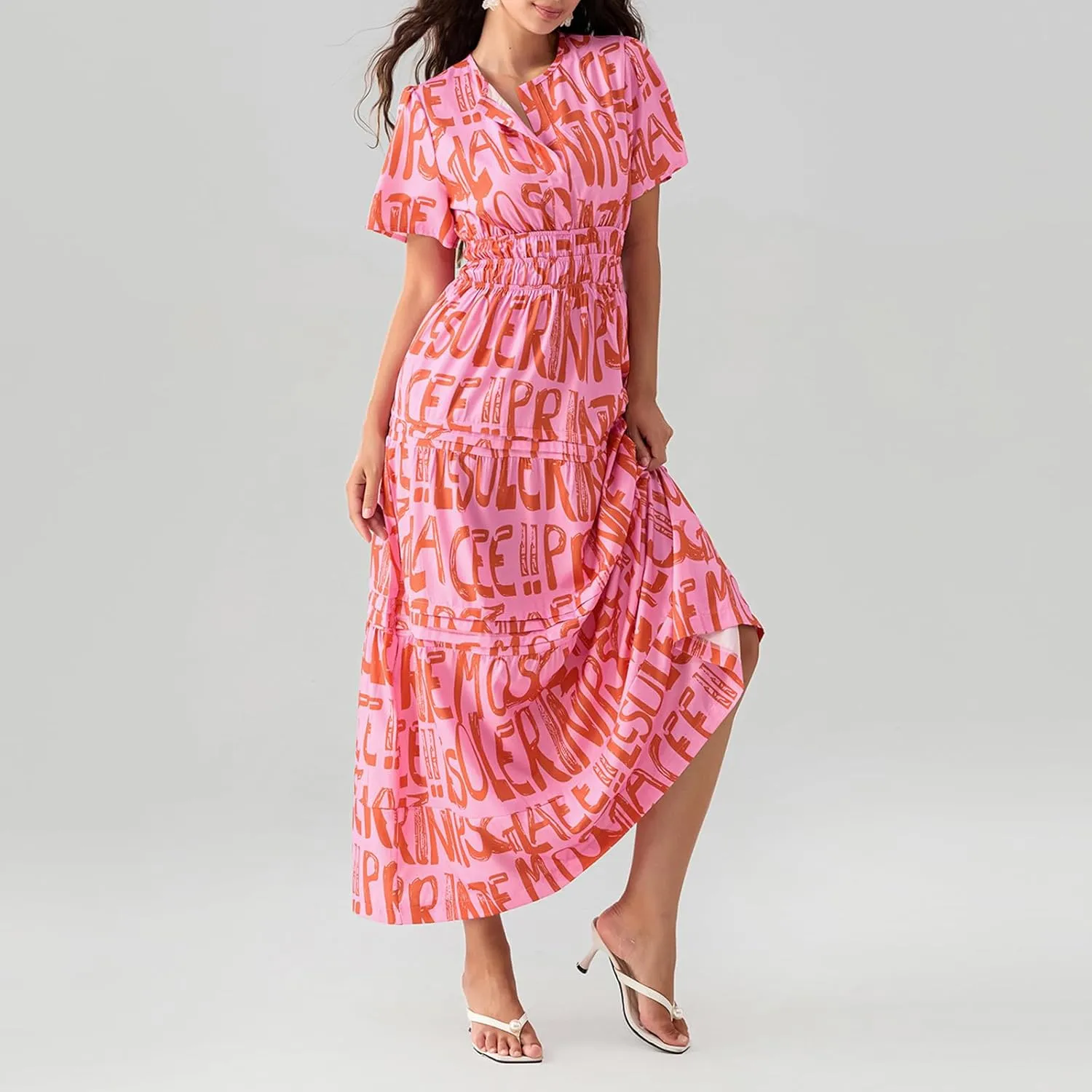 Women Summer Boho Maxi Dress Smocked Waist V-Neck Short Sleeve Tiered Flowy Dresses Beach Sundress Clubwear