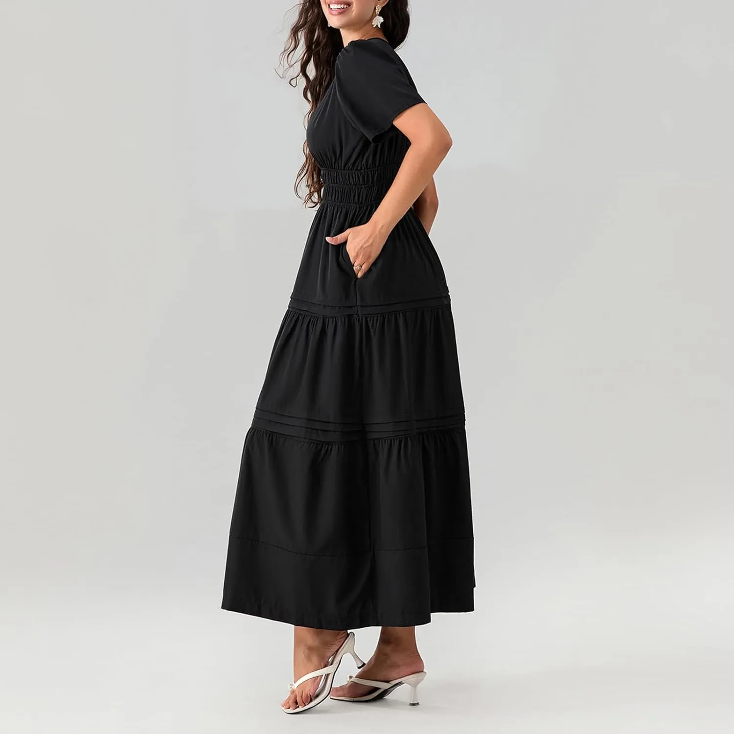 Women Summer Boho Maxi Dress Smocked Waist V-Neck Short Sleeve Tiered Flowy Dresses Beach Sundress Clubwear
