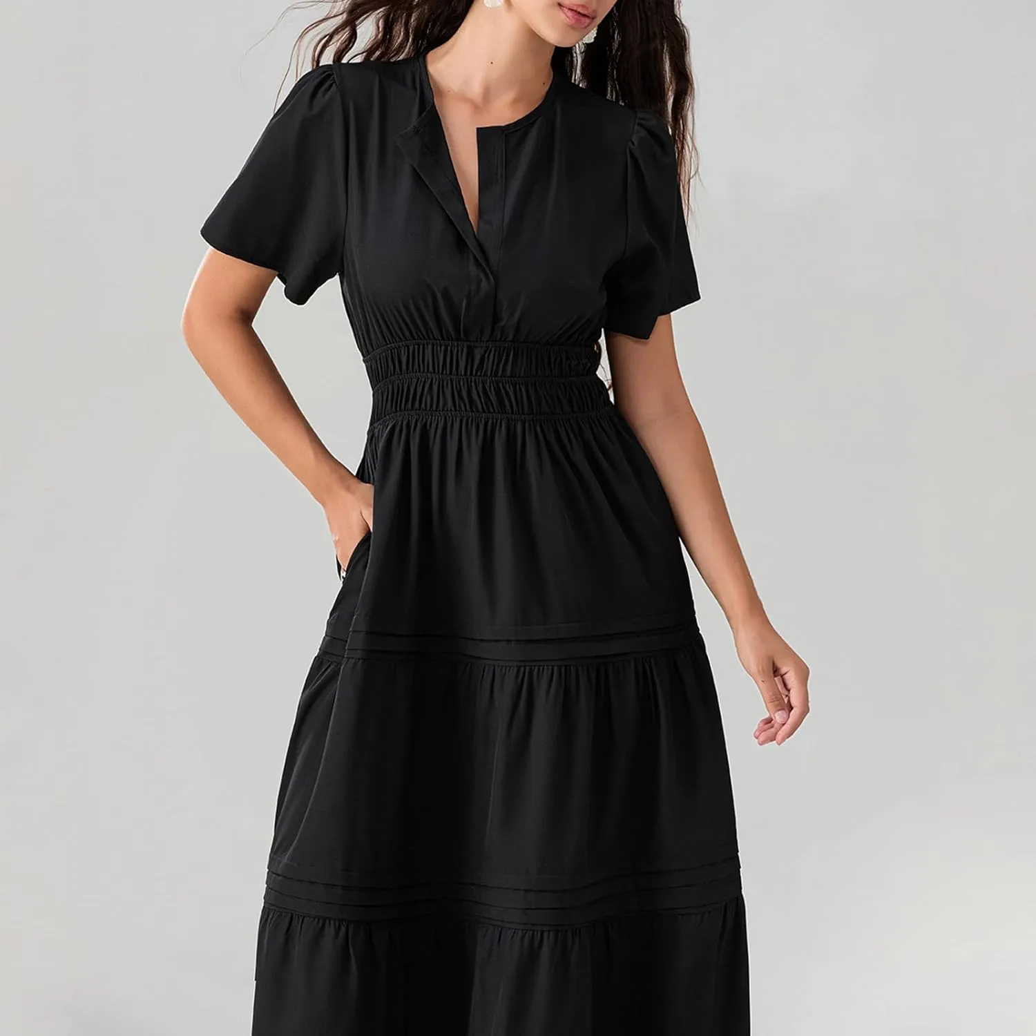 Women Summer Boho Maxi Dress Smocked Waist V-Neck Short Sleeve Tiered Flowy Dresses Beach Sundress Clubwear